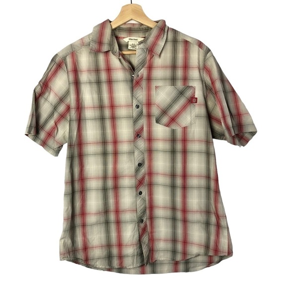 Marmot Beige & Red Plaid Short Sleeve Button Down M - Picture 1 of 4